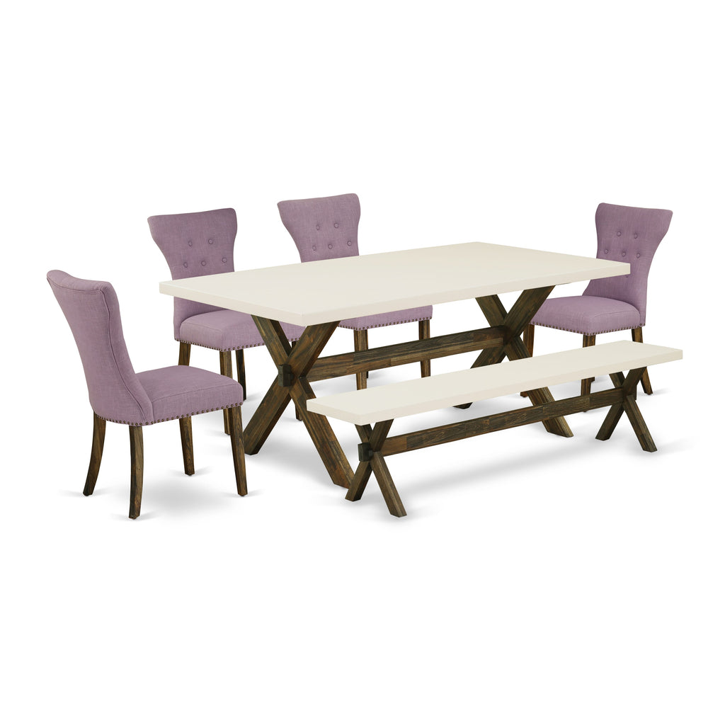 East West Furniture X727GA740-6 6 Piece Dining Set Contains a Rectangle Dining Room Table with X-Legs and 4 Dahlia Linen Fabric Parson Chairs with a Bench