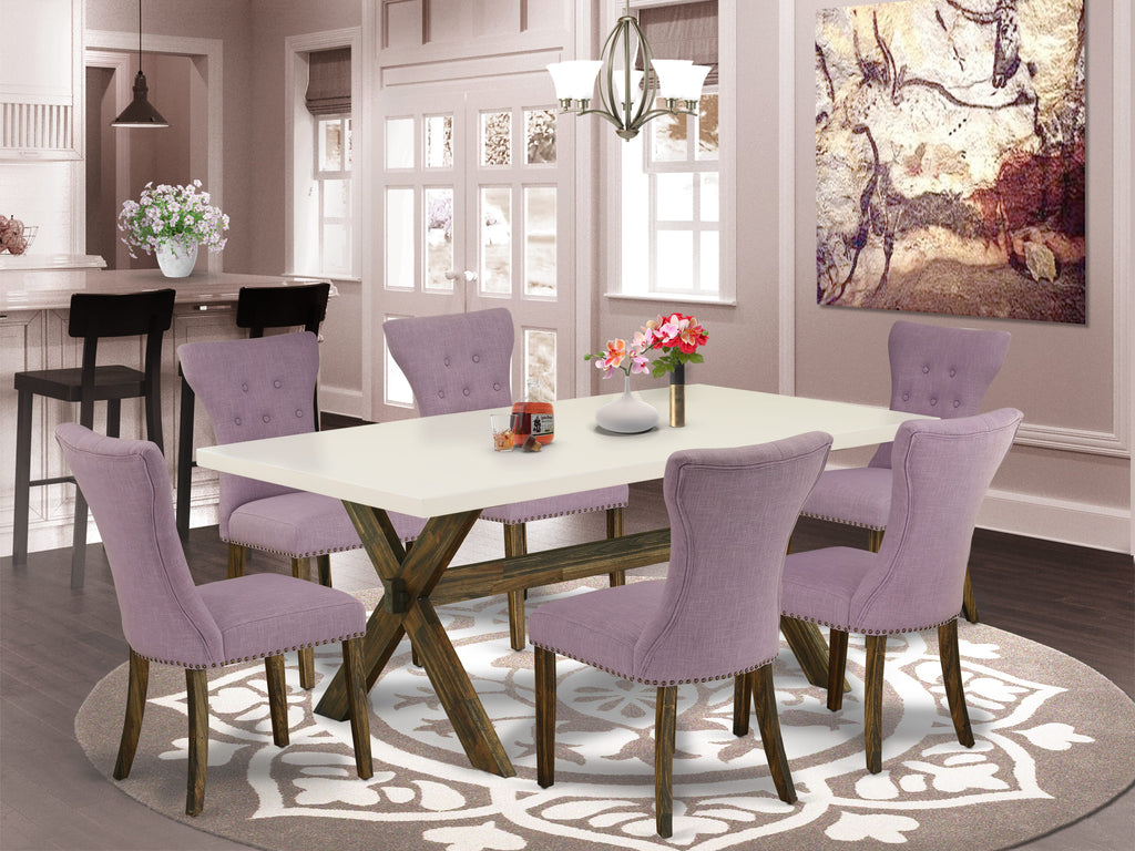 East West Furniture X727GA740-7 7 Piece Kitchen Table Set Consist of a Rectangle Dining Table with X-Legs and 6 Dahlia Linen Fabric Parson Dining Room Chairs