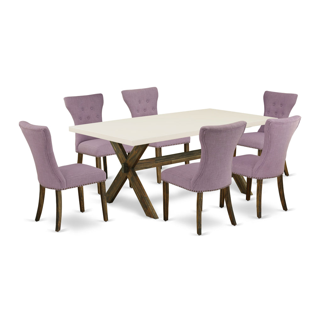 East West Furniture X727GA740-7 7 Piece Kitchen Table Set Consist of a Rectangle Dining Table with X-Legs and 6 Dahlia Linen Fabric Parson Dining Room Chairs