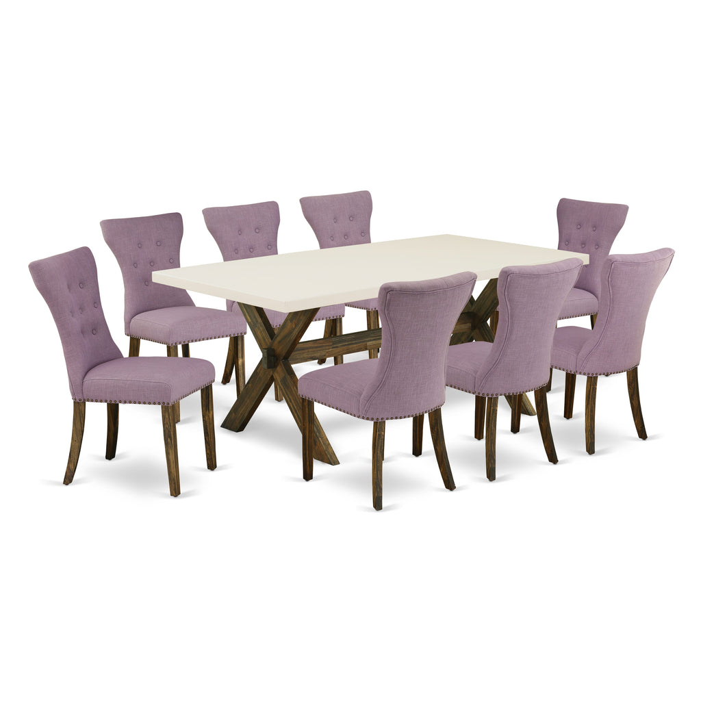 East West Furniture X727GA740-9 9 Piece Kitchen Table Set Includes a Rectangle Dining Table with X-Legs and 8 Dahlia Linen Fabric Parson Dining Room Chairs