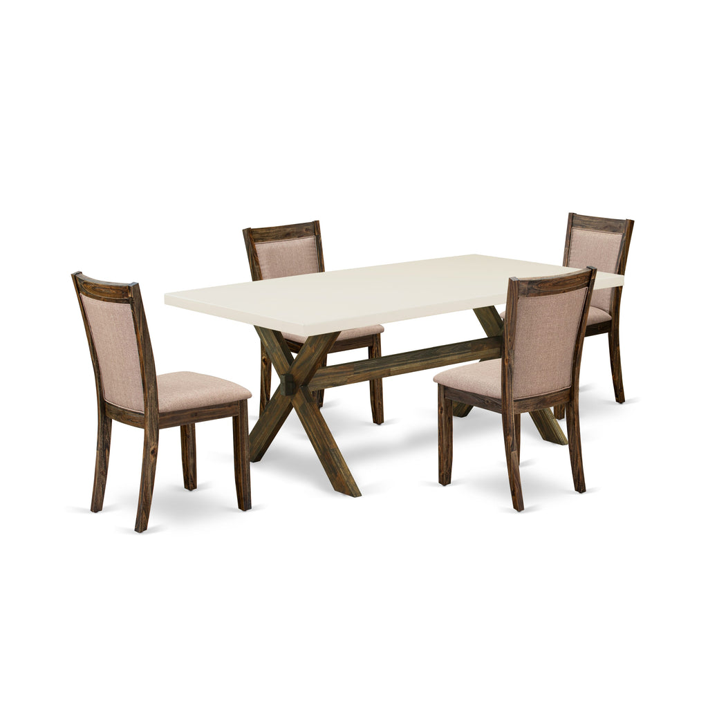 East West Furniture X727MZ716-5 5 Piece Modern Dining Table Set Includes a Rectangle Wooden Table with X-Legs and 4 Dark Khaki Linen Fabric Parson Dining Chairs