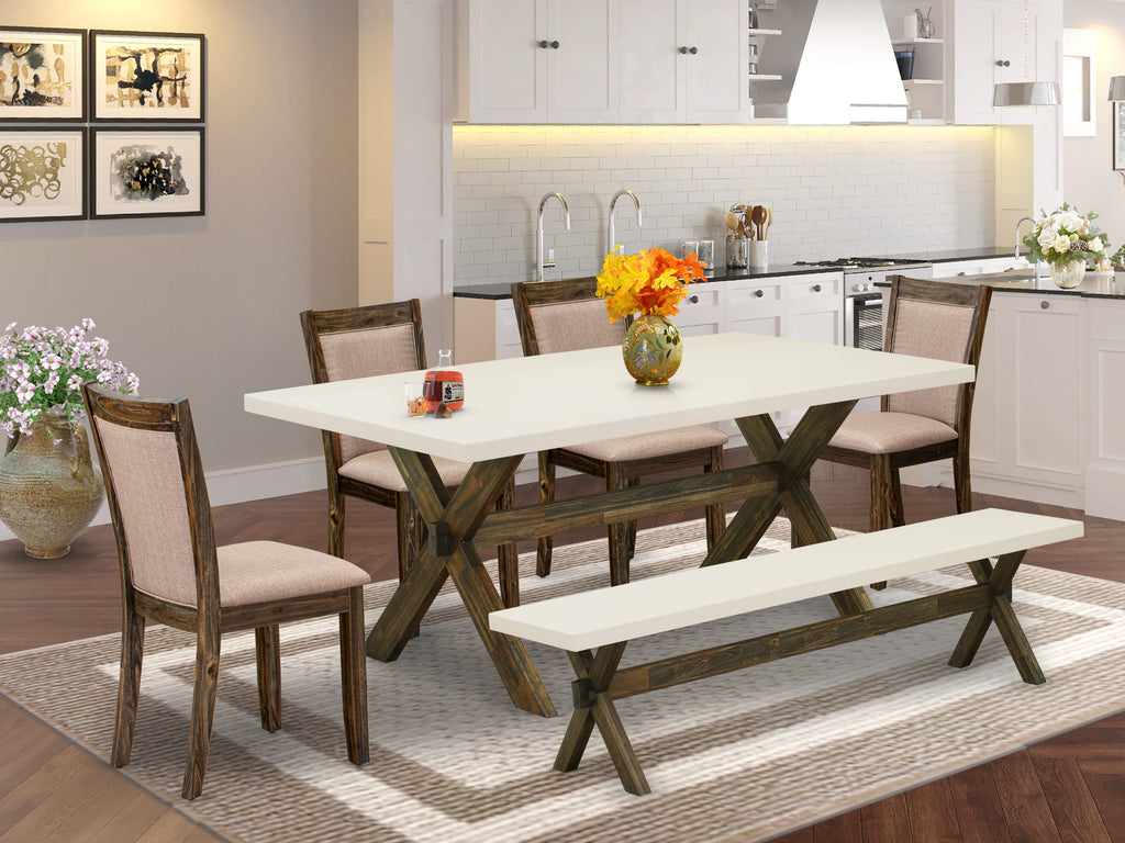 East West Furniture X727MZ716-6 6 Piece Dinette Set Contains a Rectangle Dining Table with X-Legs and 4 Dark Khaki Linen Fabric Parson Chairs with a Bench