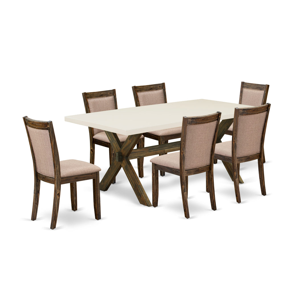 East West Furniture X727MZ716-7 7 Piece Kitchen Table Set Consist of a Rectangle Dining Table with X-Legs and 6 Dark Khaki Linen Fabric Parson Dining Chairs