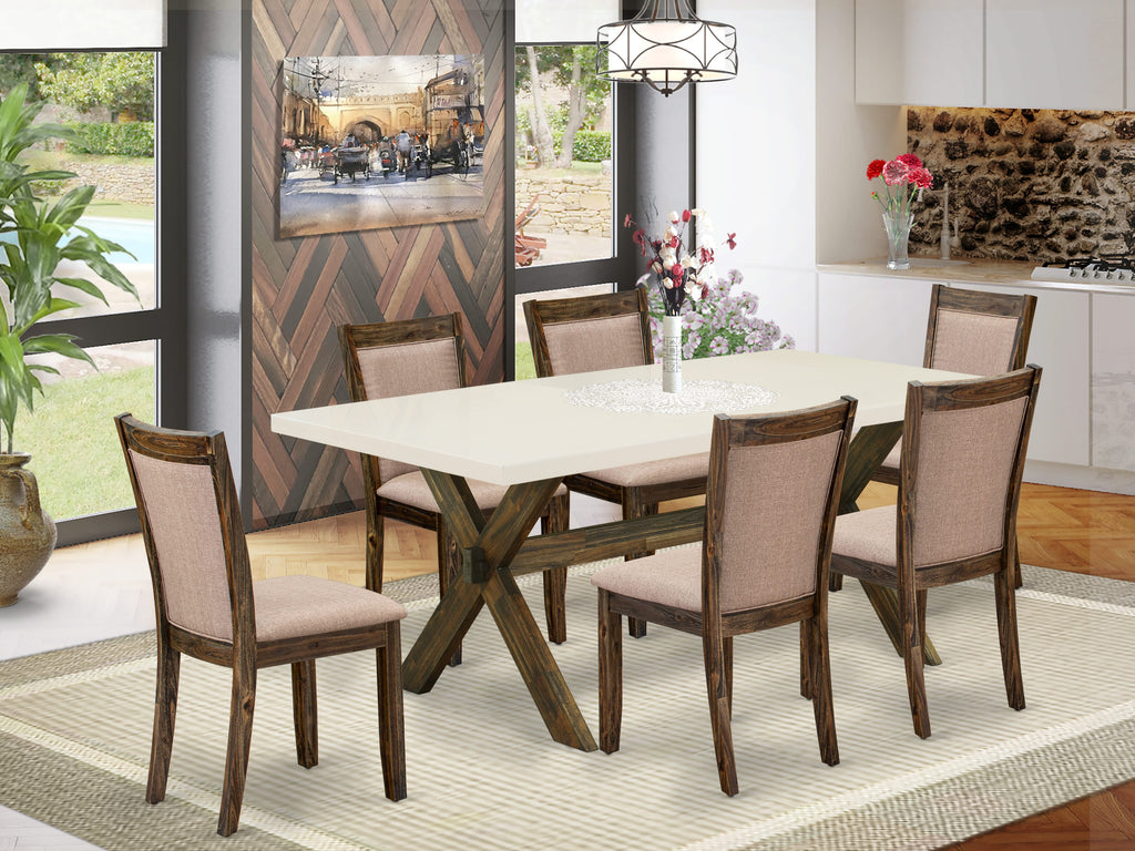 East West Furniture X727MZ716-7 7 Piece Kitchen Table Set Consist of a Rectangle Dining Table with X-Legs and 6 Dark Khaki Linen Fabric Parson Dining Chairs