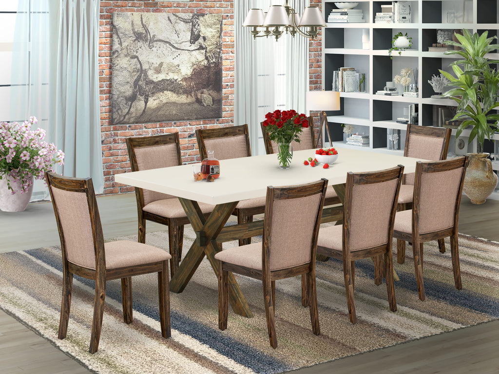 East West Furniture X727MZ716-9 9 Piece Dining Room Table Set Includes a Rectangle Dining Table with X-Legs and 8 Dark Khaki Linen Fabric Upholstered Chairs