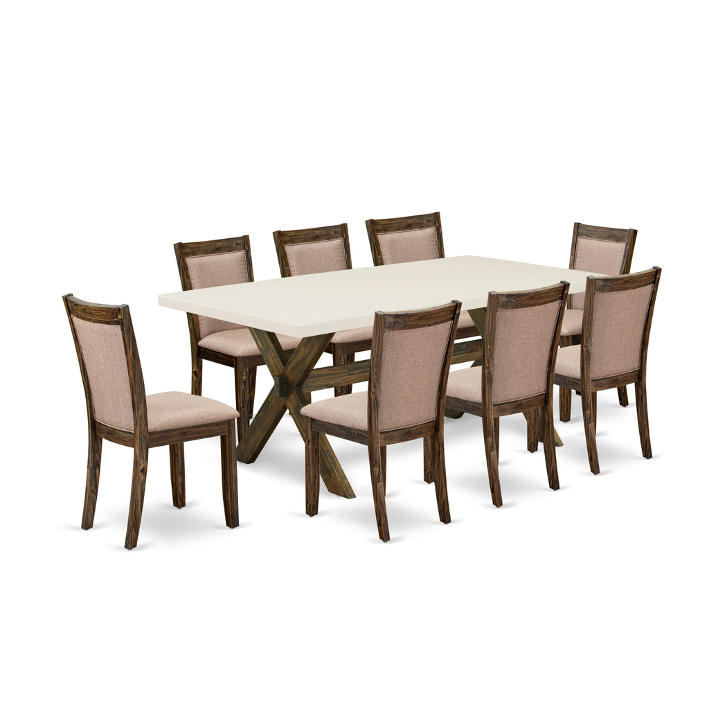 East West Furniture X727MZ716-9 9 Piece Dining Room Table Set Includes a Rectangle Dining Table with X-Legs and 8 Dark Khaki Linen Fabric Upholstered Chairs