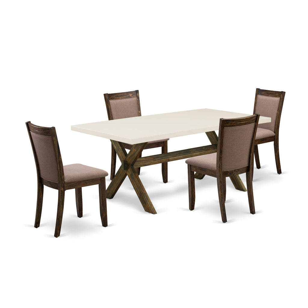 East West Furniture X727MZ748-5 5 Piece Dining Room Furniture Set Includes a Rectangle Dining Table with X-Legs and 4 Coffee Linen Fabric Upholstered Chairs