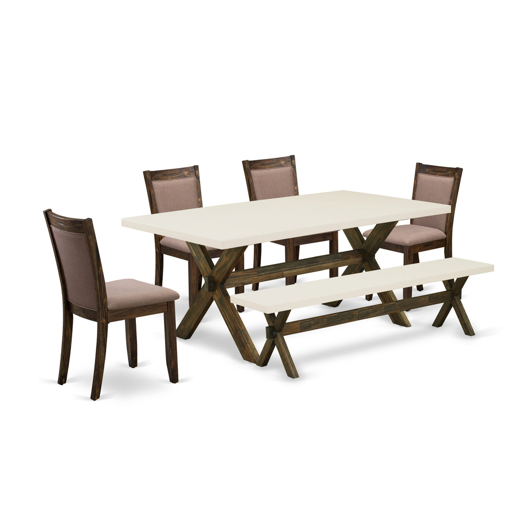 East West Furniture X727MZ748-6 6 Piece Dining Table Set Contains a Rectangle Kitchen Table with X-Legs and 4 Coffee Linen Fabric Upholstered Chairs with a Bench