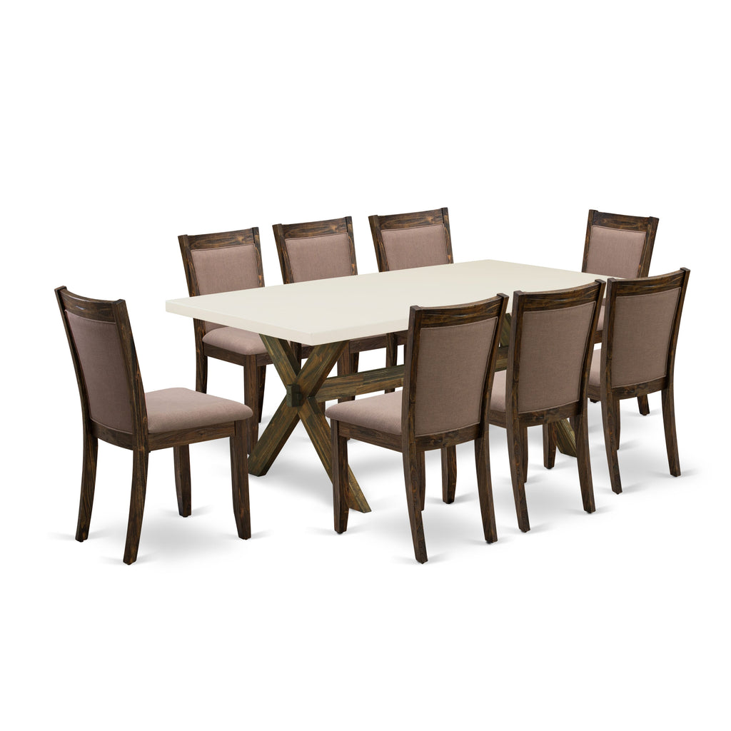 East West Furniture X727MZ748-9 9 Piece Dining Table Set Includes a Rectangle Dining Room Table with X-Legs and 8 Coffee Linen Fabric Upholstered Chairs