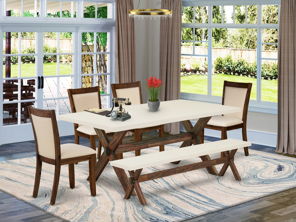 East West Furniture X727MZN32-6 6 Piece Kitchen Table Set Contains a Rectangle Dining Table with X-Legs and 4 Light Beige Linen Fabric Parson Chairs with a Bench