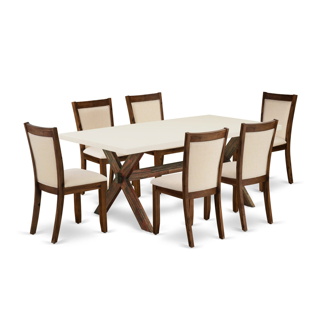 East West Furniture X727MZN32-7 7 Piece Modern Dining Table Set Consist of a Rectangle Wooden Table with X-Legs and 6 Light Beige Linen Fabric Upholstered Chairs