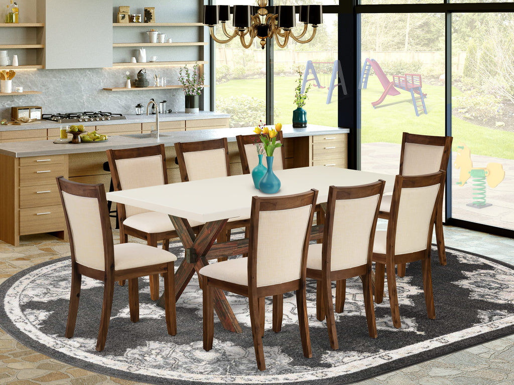 East West Furniture X727MZN32-9 9 Piece Dining Room Furniture Set Includes a Rectangle Dining Table with X-Legs and 8 Light Beige Linen Fabric Parsons Chairs