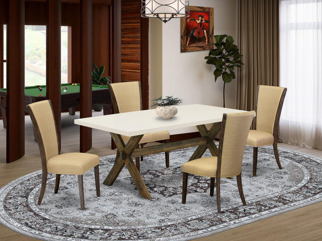 East West Furniture X727VE703-5 5 Piece Dinette Set for 4 Includes a Rectangle Dining Room Table with X-Legs and 4 Brown Linen Fabric Upholstered Parson Chairs