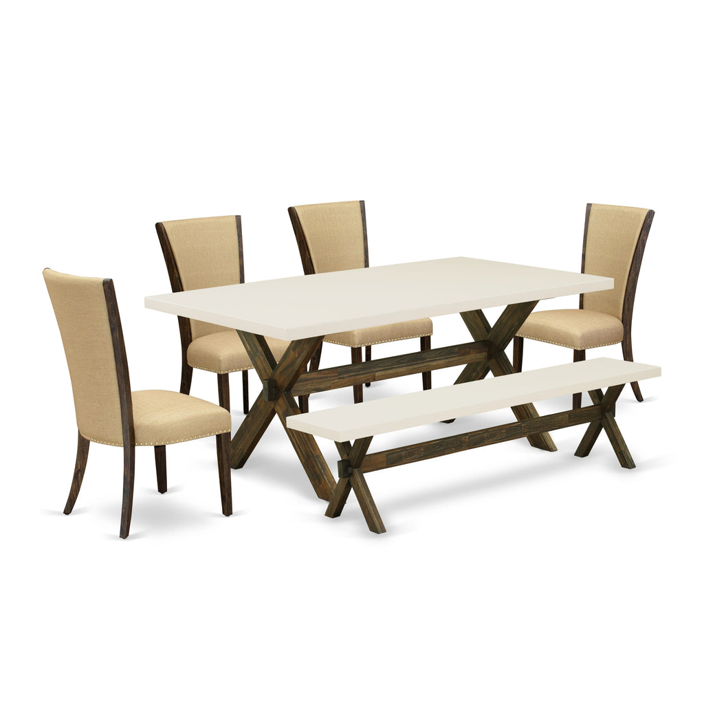 East West Furniture X727VE703-6 6 Piece Dining Room Table Set Contains a Rectangle Kitchen Table with X-Legs and 4 Brown Linen Fabric Parson Chairs with a Bench