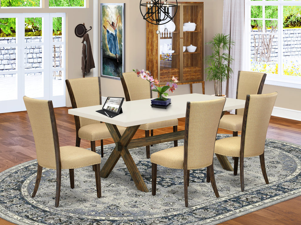 East West Furniture X727VE703-7 7 Piece Modern Dining Table Set Consist of a Rectangle Wooden Table with X-Legs and 6 Brown Linen Fabric Upholstered Parson Chairs