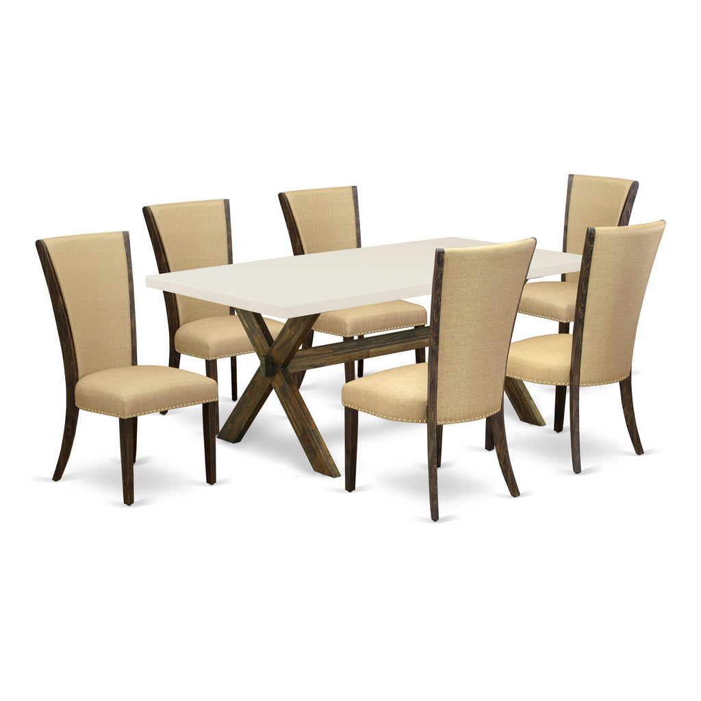 East West Furniture X727VE703-7 7 Piece Modern Dining Table Set Consist of a Rectangle Wooden Table with X-Legs and 6 Brown Linen Fabric Upholstered Parson Chairs