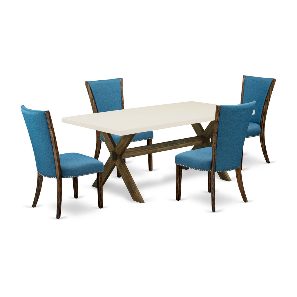 East West Furniture X727VE721-5 5 Piece Modern Dining Table Set Includes a Rectangle Wooden Table with X-Legs and 4 Blue Color Linen Fabric Upholstered Chairs