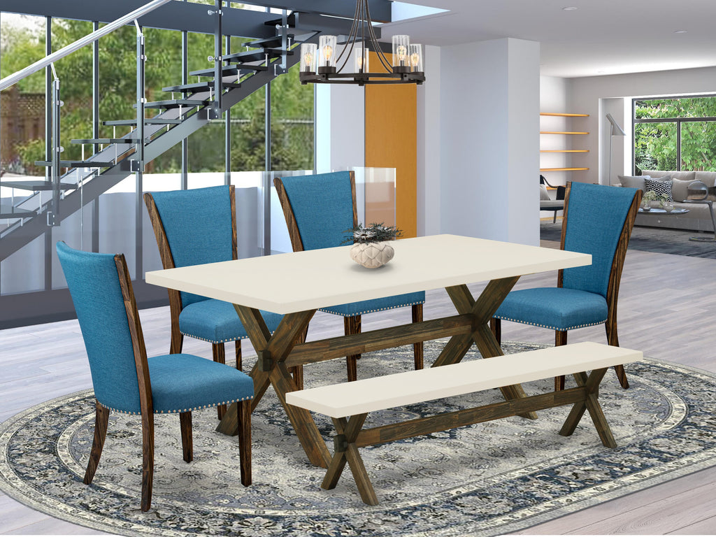 East West Furniture X727VE721-6 6 Piece Dining Table Set Contains a Rectangle Dining Room Table with X-Legs and 4 Blue Color Linen Fabric Parson Chairs with a Bench