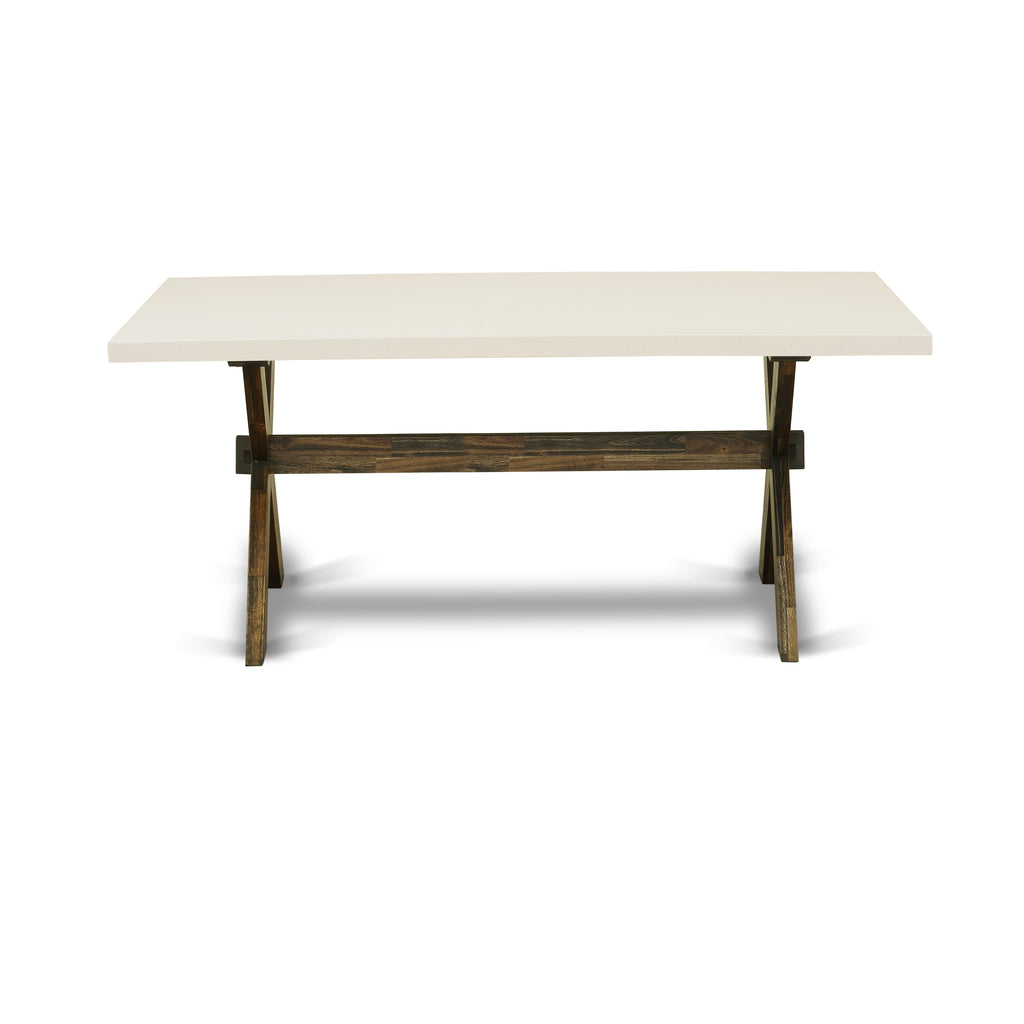 East West Furniture X727MZN32-6 6 Piece Kitchen Table Set Contains a Rectangle Dining Table with X-Legs and 4 Light Beige Linen Fabric Parson Chairs with a Bench