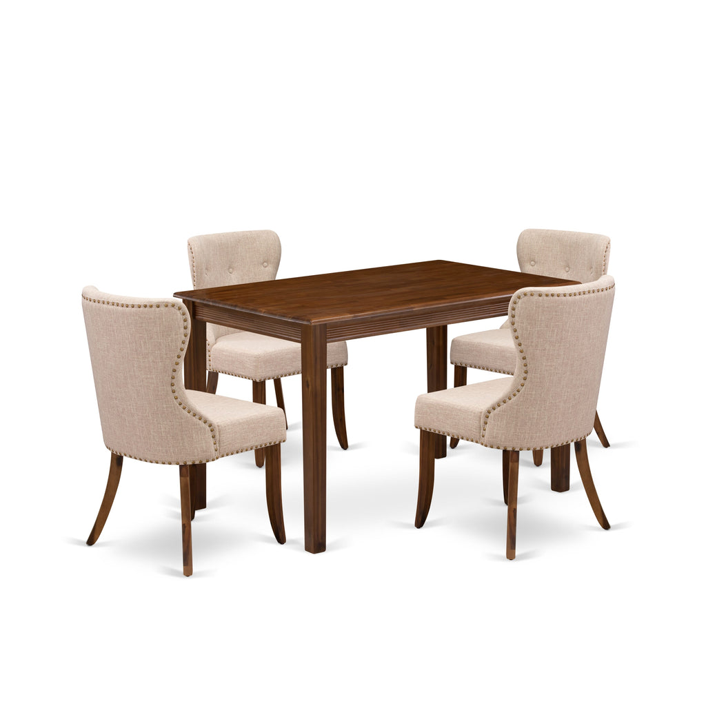 East West Furniture YASI5-AWA-04 5 Piece Dinette Set for Small Spaces Contains a Rectangle Kitchen Dining Table and 4 Upholstered Parson Chairs, 30x48 Inch, Antique Walnut