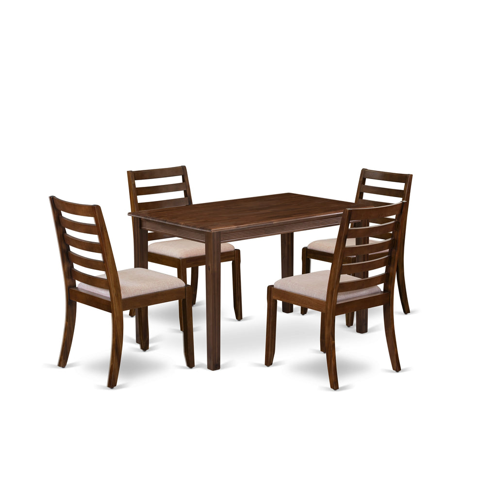 East West Furniture YAX15-AWA-04 - 5-piece dining room set consists of a kitchen table with Antique Walnut top and 4 stackable chairs with Light Tan Linen Fabric - Antique Walnut