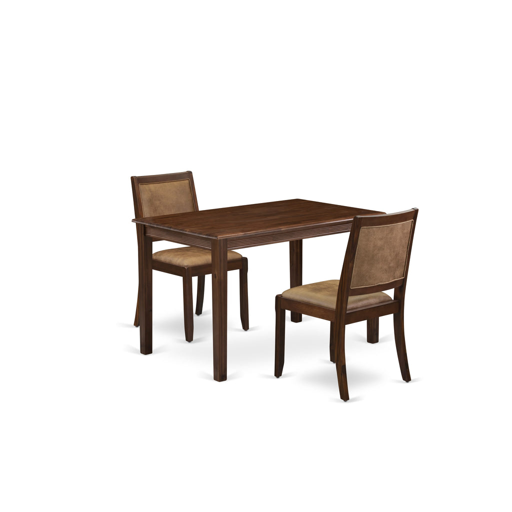 East West Furniture YAX23-AWA-28 - 3-piece kitchen dining set consists of a wooden table with Antique Walnut top and 2 stackable chairs with brown textured Faux Leather - Antique Walnut