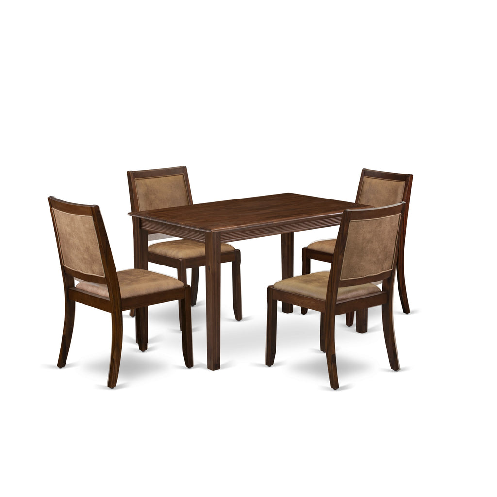 East West Furniture YAX25-AWA-28 - 5-piece dining table set consists of a dining table with Antique Walnut top and 4 stackable chairs with brown textured Faux Leather - Antique Walnut