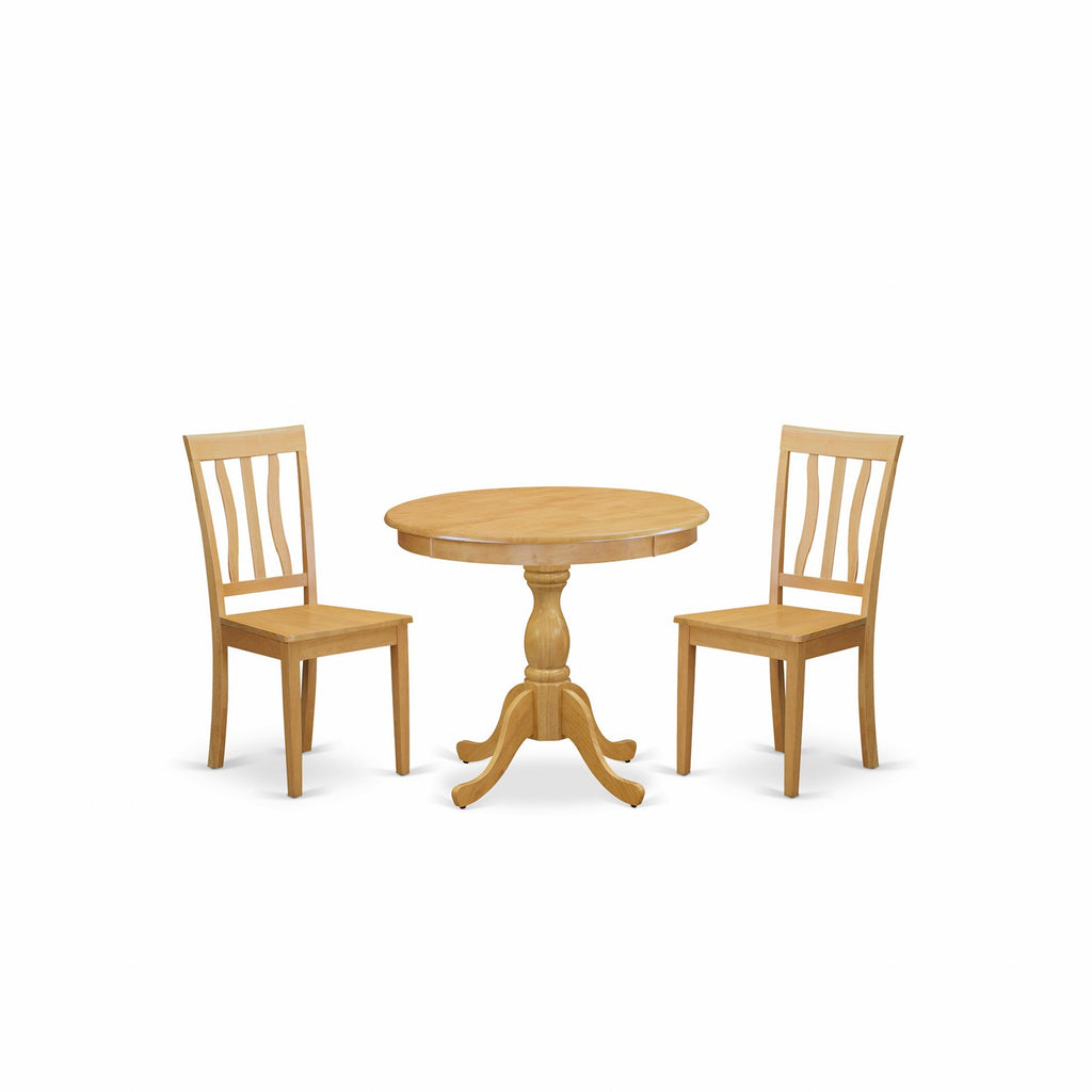 East West Furniture AMAN3-OAK-W 3 Piece Dining Room Furniture Set Contains a Round Dining Table with Pedestal and 2 Wood Seat Chairs, 36x36 Inch, Oak