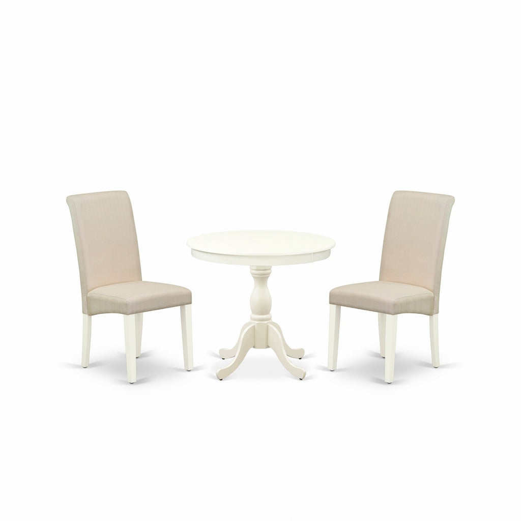 East West Furniture AMBA3-LWH-01 3 Piece Modern Dining Table Set Contains a Round Kitchen Table with Pedestal and 2 Cream Linen Fabric Upholstered Parson Chairs, 36x36 Inch, Linen White