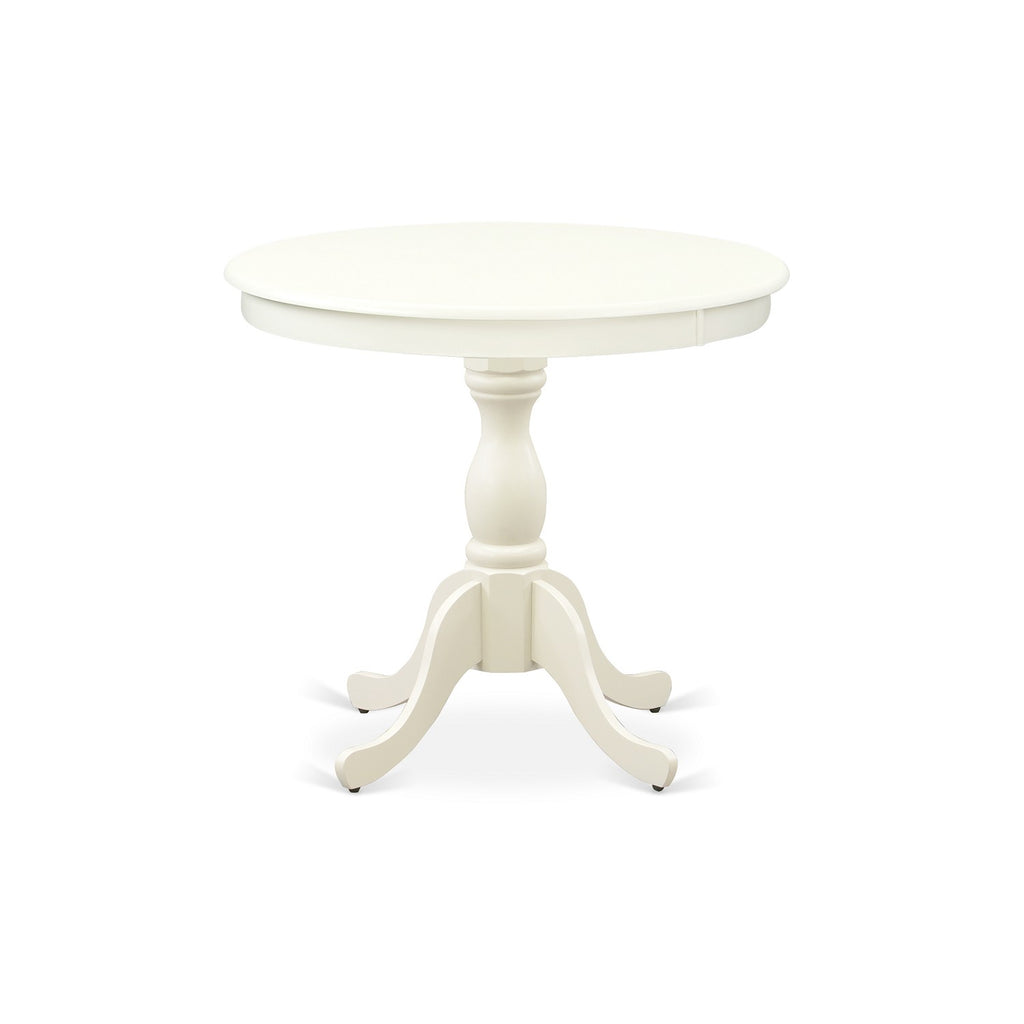 East West Furniture AMIP3-LWH-W 3 Piece Dining Room Table Set  Contains a Round Kitchen Table with Pedestal and 2 Dining Chairs, 36x36 Inch, Linen White