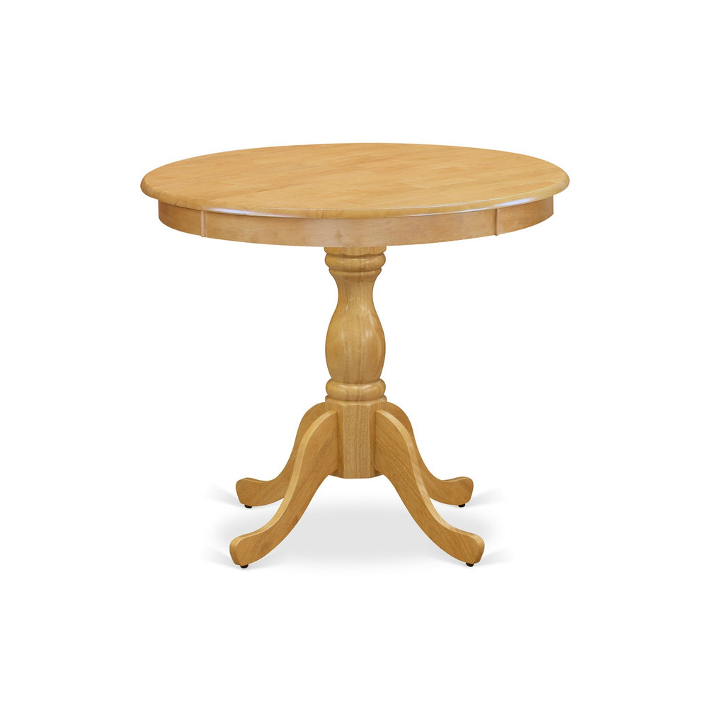 East West Furniture AMAN3-OAK-W 3 Piece Dining Room Furniture Set Contains a Round Dining Table with Pedestal and 2 Wood Seat Chairs, 36x36 Inch, Oak