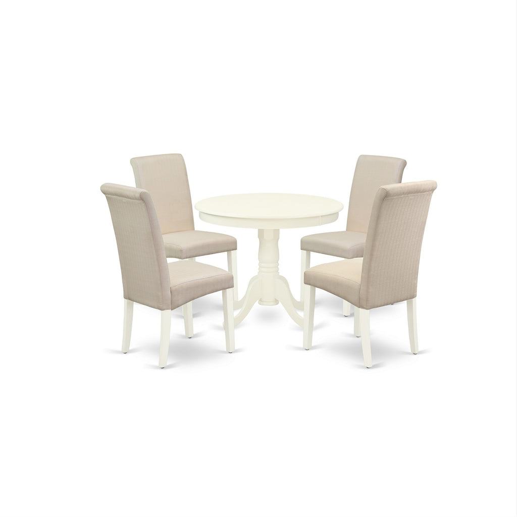 East West Furniture ANBA5-LWH-01 5 Piece Modern Dining Table Set Includes a Round Kitchen Table with Pedestal and 4 Cream Linen Fabric Parsons Dining Chairs, 36x36 Inch, Linen White