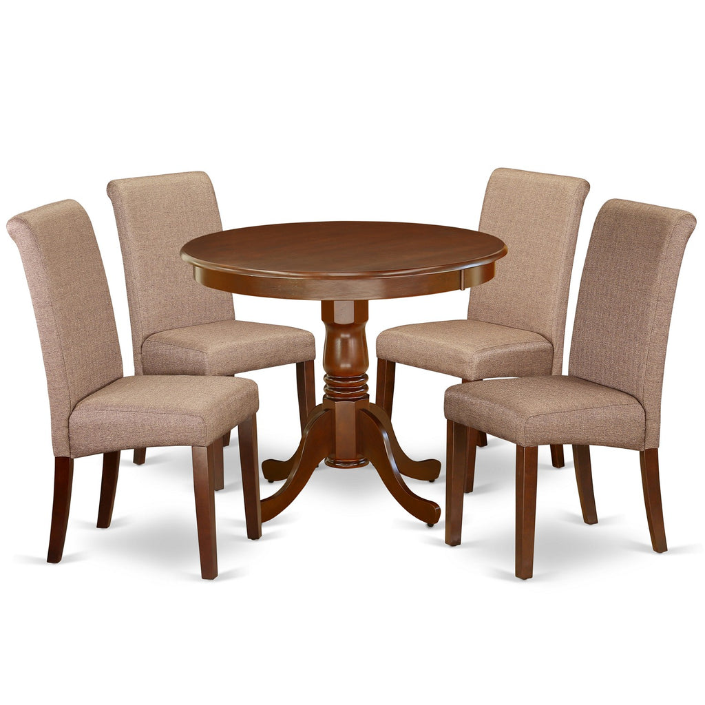 East West Furniture ANBA5-MAH-18 5 Piece Dining Table Set for 4 Includes a Round Kitchen Table with Pedestal and 4 Brown Linen Linen Fabric Parson Dining Chairs, 36x36 Inch, Mahogany