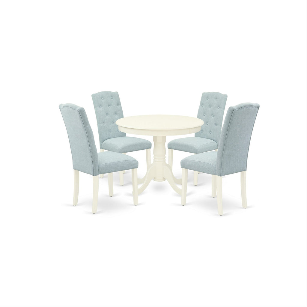 East West Furniture ANCE5-LWH-15 5 Piece Dinette Set for 4 Includes a Round Kitchen Table with Pedestal and 4 Baby Blue Linen Fabric Upholstered Parson Chairs, 36x36 Inch, Linen White