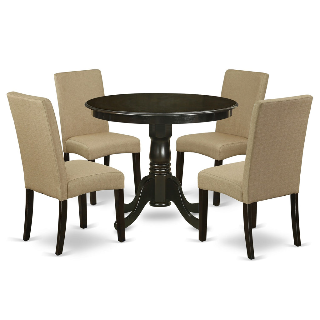 East West Furniture ANDR5-CAP-03 5 Piece Kitchen Table & Chairs Set Includes a Round Dining Room Table with Pedestal and 4 Brown Linen Fabric Parson Dining Chairs, 36x36 Inch, Cappuccino