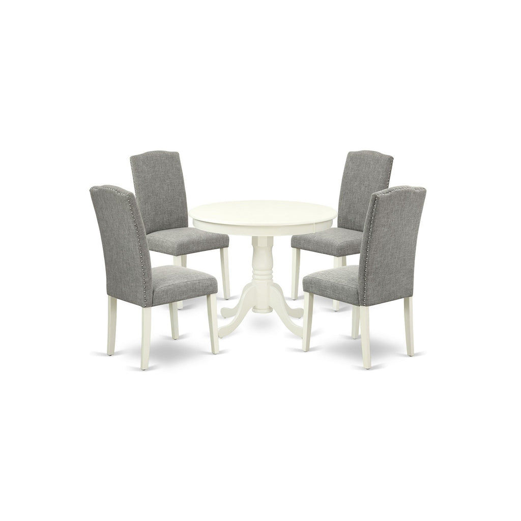 East West Furniture ANEN5-LWH-06 5 Piece Dining Room Furniture Set Includes a Round Kitchen Table with Pedestal and 4 Dark Shitake Linen Fabric Parsons Dining Chairs, 36x36 Inch, Linen White