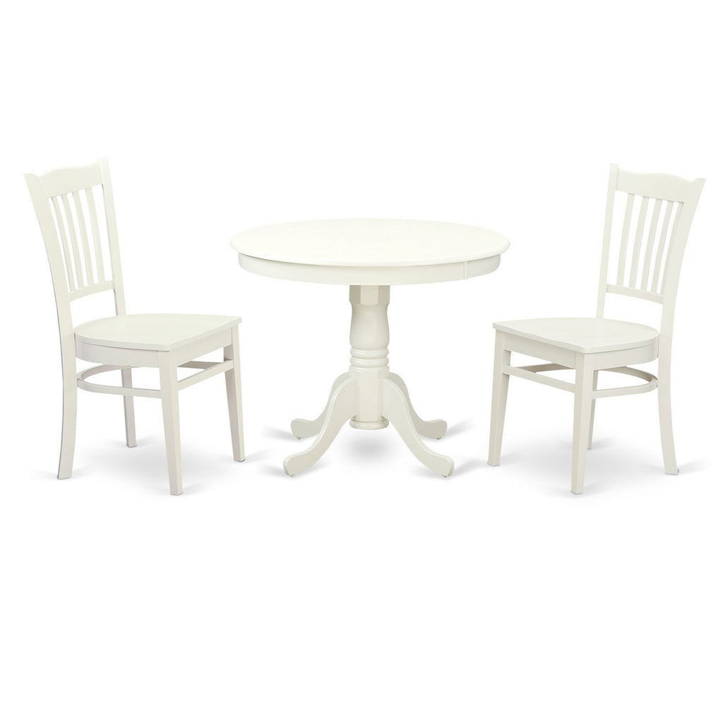 East West Furniture ANGR3-LWH-W 3 Piece Kitchen Table & Chairs Set Contains a Round Dining Room Table with Pedestal and 2 Solid Wood Seat Chairs, 36x36 Inch, Linen White