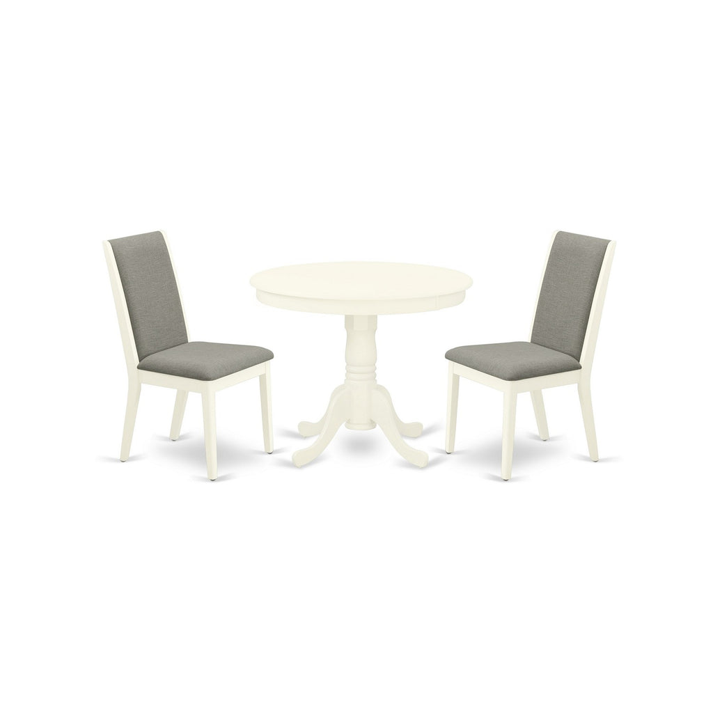 East West Furniture ANLA3-LWH-06 3 Piece Kitchen Table Set for Small Spaces Contains a Round Dining Table with Pedestal and 2 Shitake Linen Fabric Upholstered Chairs, 36x36 Inch, Linen White