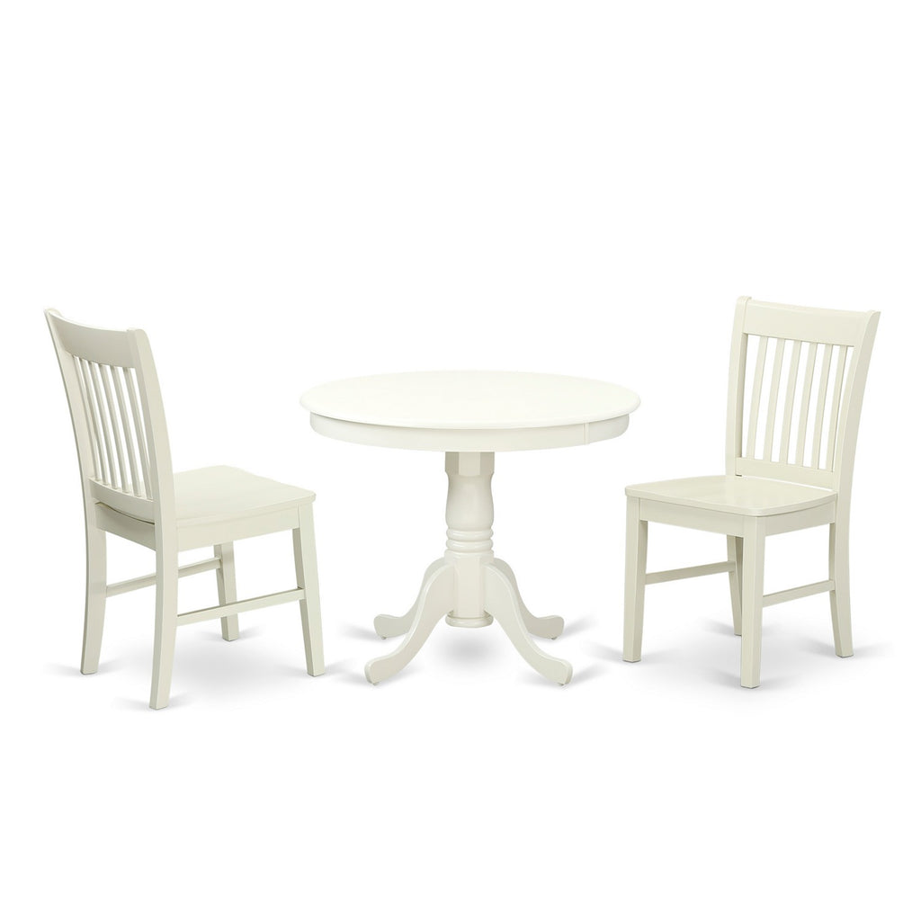 East West Furniture ANNO3-LWH-W 3 Piece Dining Room Furniture Set Contains a Round Dining Table with Pedestal and 2 Wood Seat Chairs, 36x36 Inch, Linen White