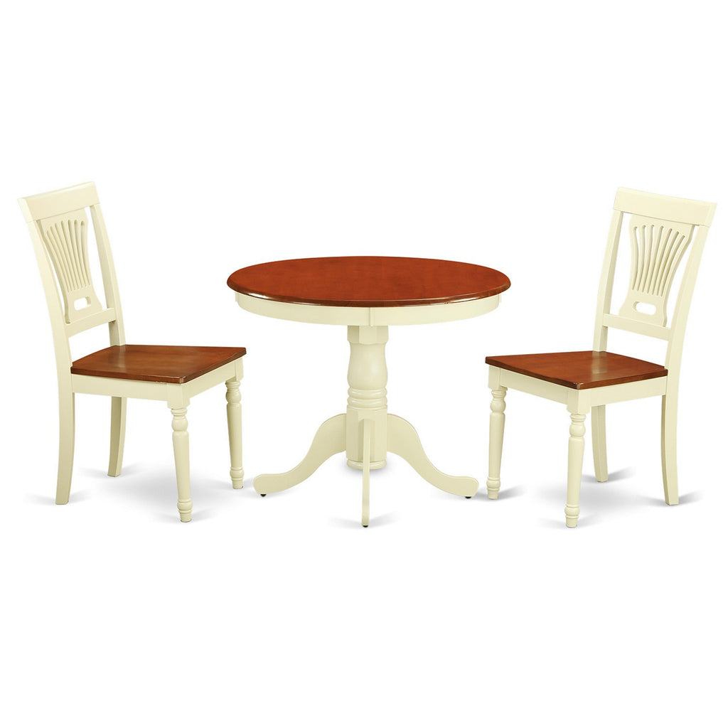 East West Furniture ANPL3-WHI-W 3 Piece Dining Set Contains a Round Dining Room Table with Pedestal and 2 Wood Seat Chairs, 36x36 Inch, Buttermilk & Cherry