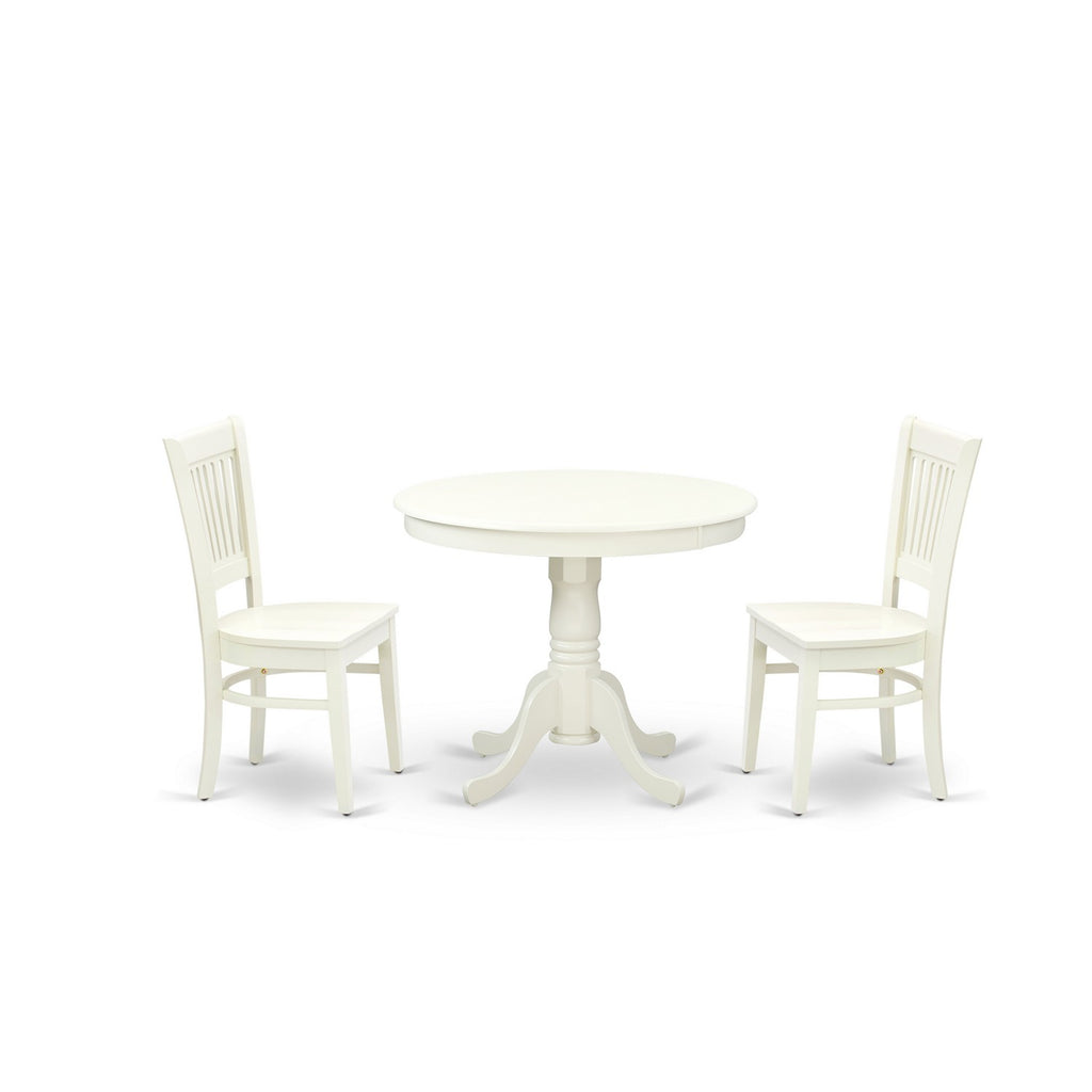 East West Furniture ANVA3-LWH-W 3 Piece Dining Room Furniture Set Contains a Round Dining Table with Pedestal and 2 Wood Seat Chairs, 36x36 Inch, Linen White