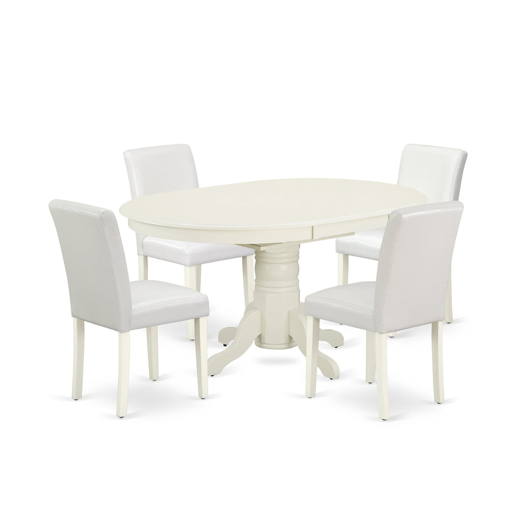 East West Furniture AVAB5-LWH-64 5 Piece Dining Room Table Set Includes an Oval Kitchen Table with Butterfly Leaf and 4 White Faux Leather Parson Dining Chairs, 42x60 Inch, Linen White