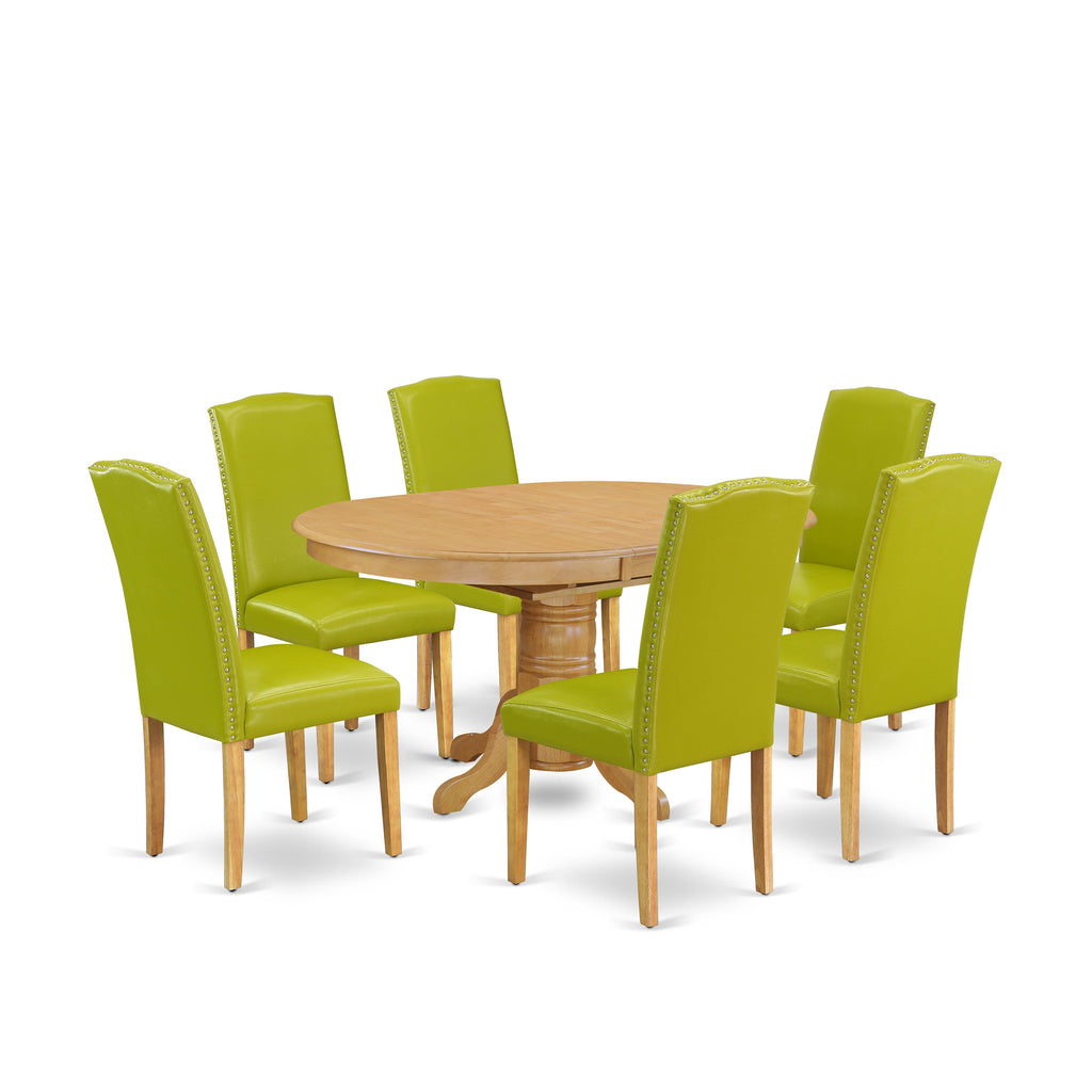 East West Furniture AVEN7-OAK-51 7 Piece Dining Room Table Set Consist of an Oval Wooden Table with Butterfly Leaf and 6 Autumn Green Faux Leather Upholstered Chairs, 42x60 Inch, Oak