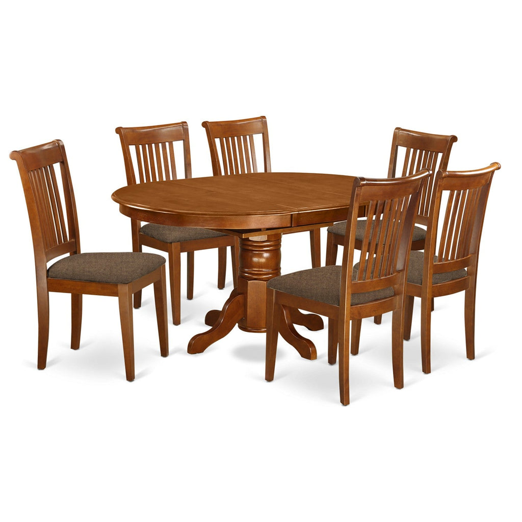 East West Furniture AVPO7-SBR-C 7 Piece Dining Set Consist of an Oval Dining Room Table with Butterfly Leaf and 6 Linen Fabric Upholstered Kitchen Chairs, 42x60 Inch, Saddle Brown