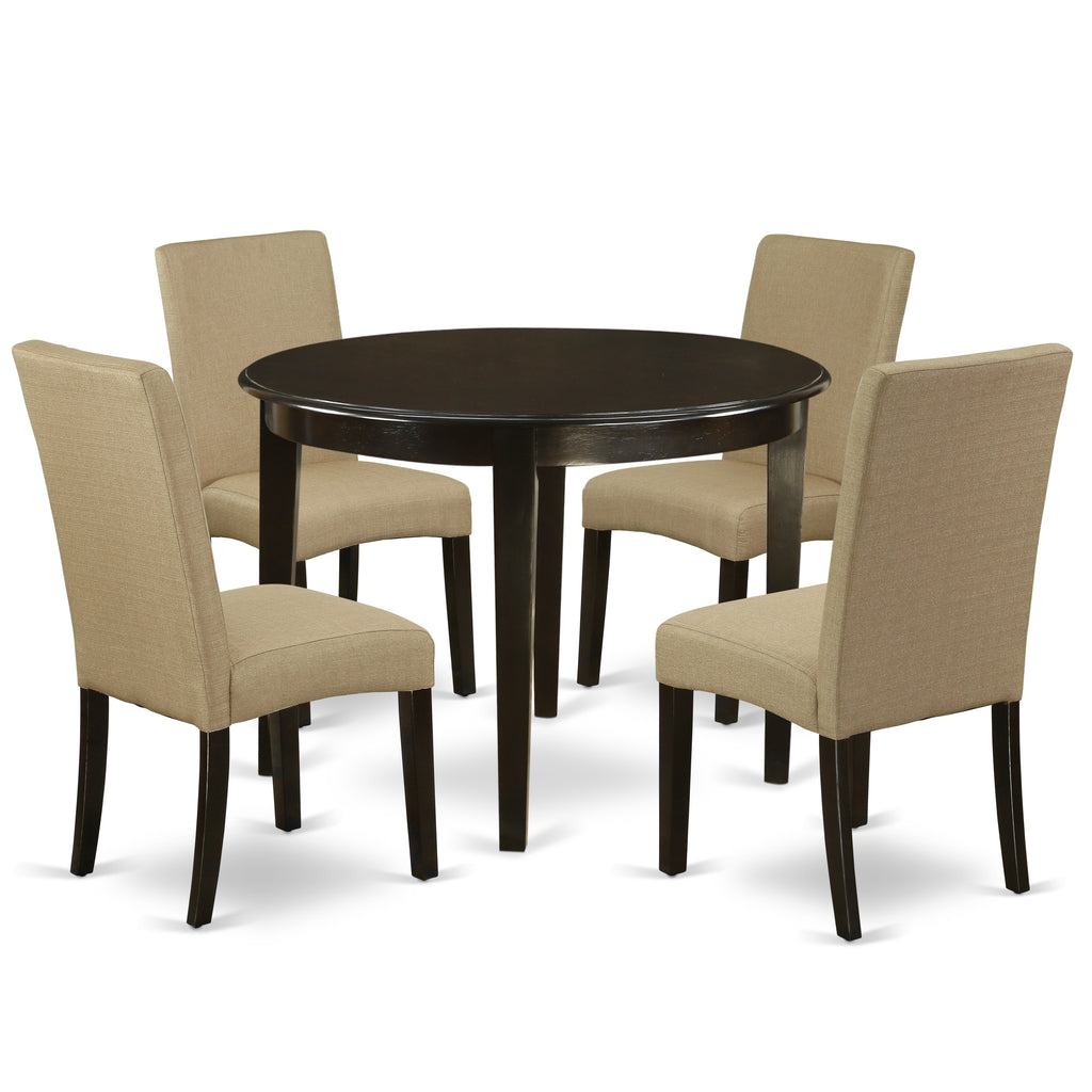East West Furniture BODR5-CAP-03 5 Piece Dining Table Set for 4 Includes a Round Kitchen Table and 4 Brown Linen Fabric Parson Dining Chairs, 42x42 Inch, Cappuccino