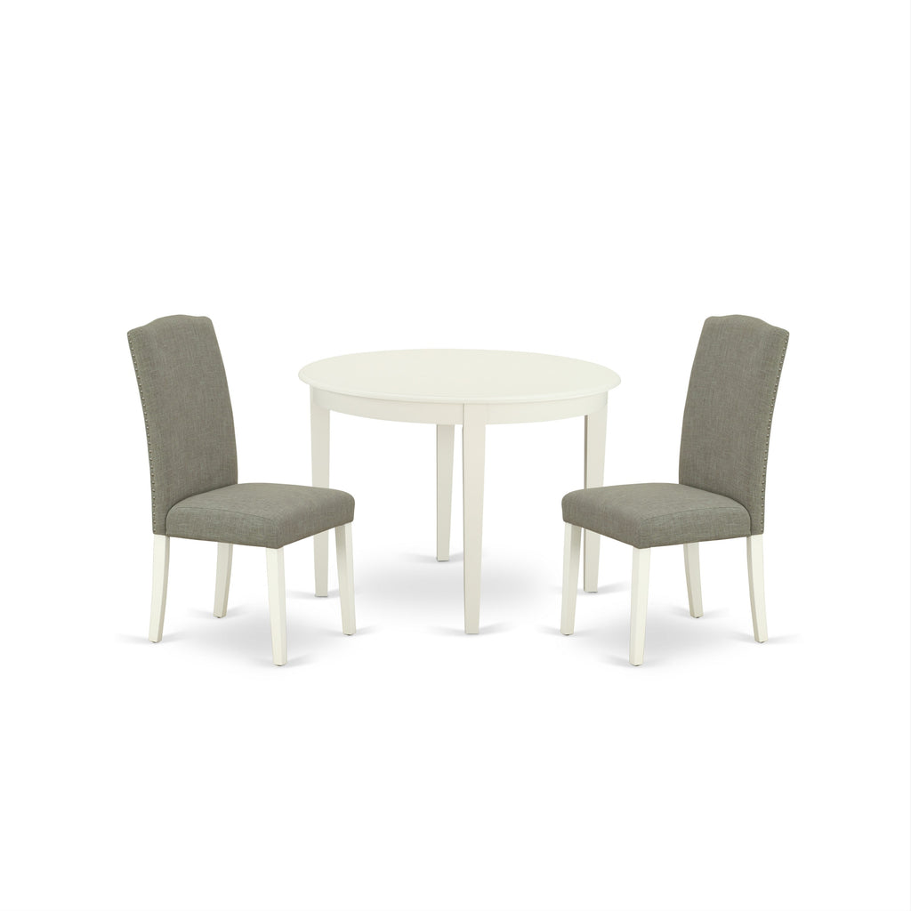 East West Furniture BOEN3-LWH-06 3 Piece Dining Room Furniture Set Contains a Round Kitchen Table and 2 Dark Shitake Linen Fabric Parson Dining Chairs, 42x42 Inch, Linen White