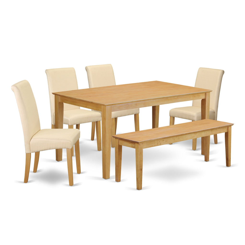 East West Furniture CABA6-OAK-02 6 Piece Dining Room Table Set Contains a Rectangle Kitchen Table and 4 Light Beige Linen Fabric Parson Chairs with a Bench, 36x60 Inch, Oak