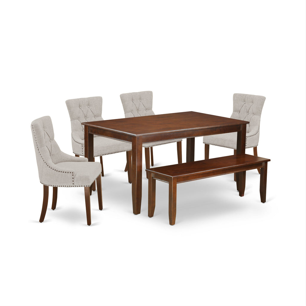 East West Furniture CAFR6-MAH-05 6 Piece Dining Room Furniture Set Contains a Rectangle Dining Table and 4 Doeskin Linen Fabric Parson Chairs with a Bench, 36x60 Inch, Mahogany