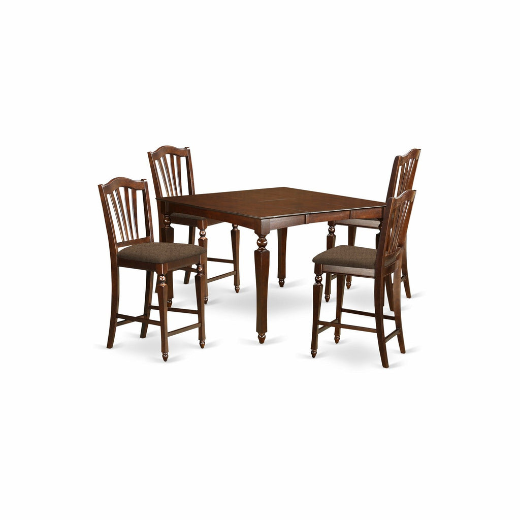 East West Furniture CHEL5-MAH-C 5 Piece Counter Height Dining Set  Includes a Square Dining Room Table with Butterfly Leaf and 4 Linen Fabric Upholstered Chairs, 54x54 Inch, Mahogany