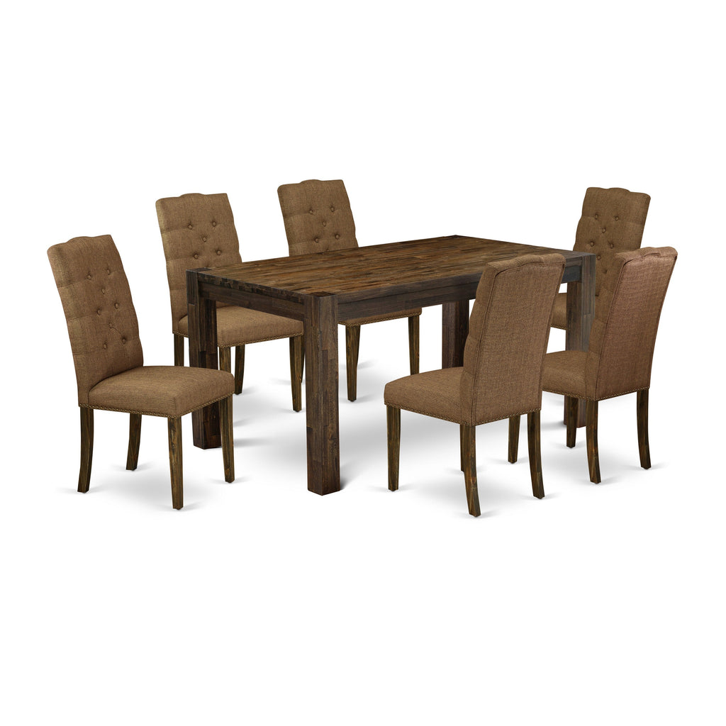 East West Furniture CNEL7-77-18 7 Piece Dining Room Table Set Consist of a Rectangle Rustic Wood Dining Table and 6 Brown Linen Linen Fabric Upholstered Chairs, 36x60 Inch, Jacobean